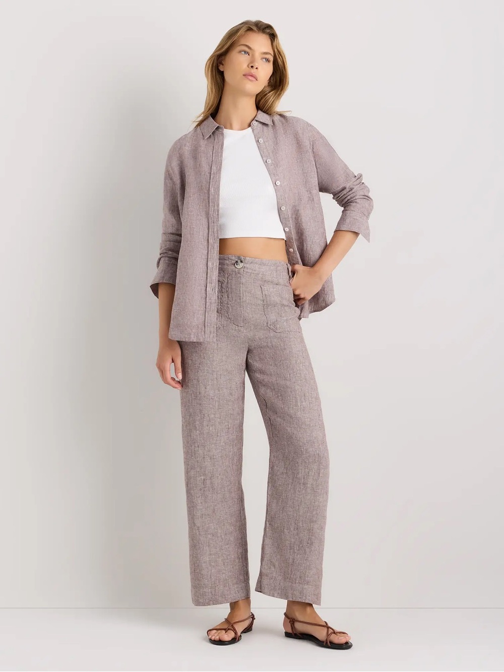 QUINCE 100% EUROPEAN LINEN PATCH POCKET WIDE LEG PANTS IN TAUPE BROWN CHAMBRAY